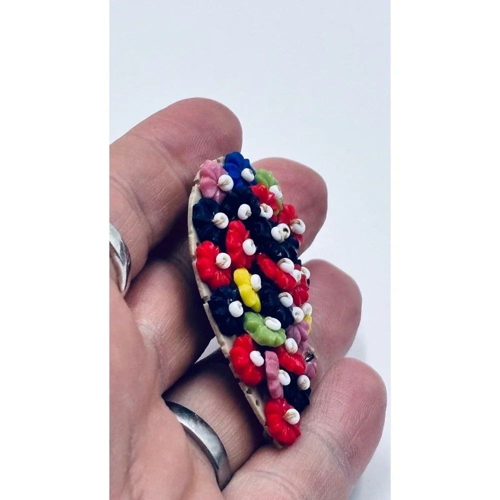 Antique Art Deco likely Miriam Haskell Multicolored Floral Mosaic Teardrop Clip